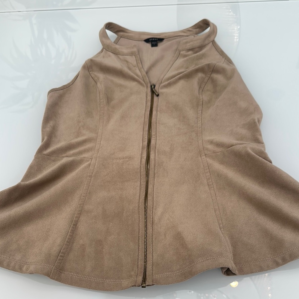 Guess Suede Tan Sleeveless Vest with High Collar